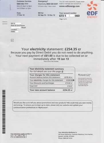 IMage of utility bill suitable for confirming customer address